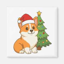 Schattige Corgi-hond met een Rode Hoed bij Kerstbo Magneet