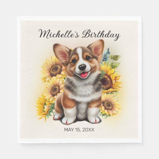 Schattige Corgi-hond Zonnebloemen Verjaardag Servet (Voorkant)