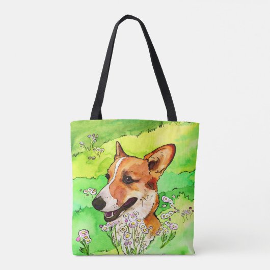 Schattige Corgi in een bloemenveld Waterverf Tote Bag (Achterkant)