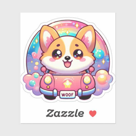 Schattige Corgi in Roze Auto Regenboog en Sparkles Sticker (Vel)