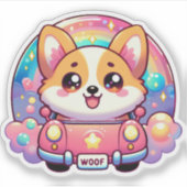 Schattige Corgi in Roze Auto Regenboog en Sparkles Sticker (Voorkant)