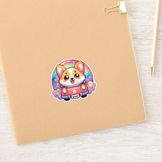 Schattige Corgi in Roze Auto Regenboog en Sparkles Sticker (Notitieboek)