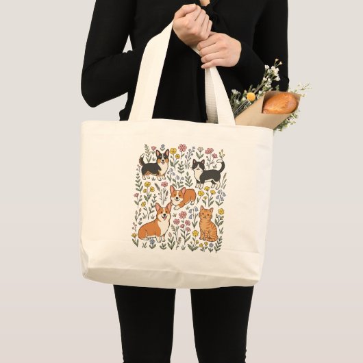 Schattige Corgi Kat Wilde Bloem Grote Tote Bag (Voorkant (product))