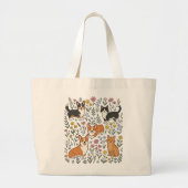 Schattige Corgi Kat Wilde Bloem Grote Tote Bag (Voorkant)