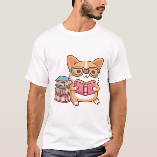 Schattige Corgi Met Bril Leest Een Boek T-shirt (Voorkant)