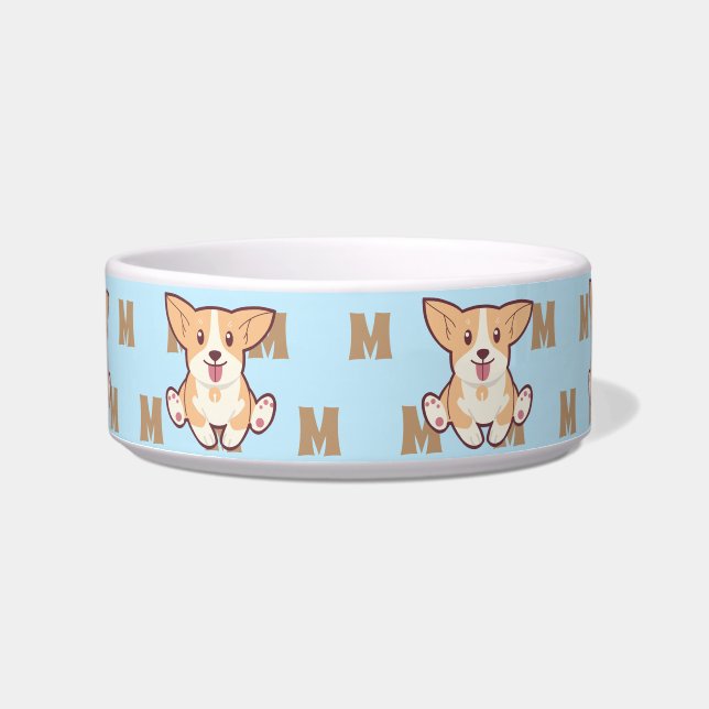 Schattige Corgi monogram patroonblauw mok Voerbakje (Voorkant)