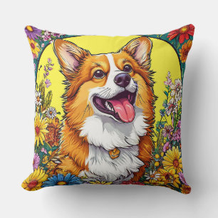 Schattige Corgi Omringd door Kleurrijke Bloemen Kussen