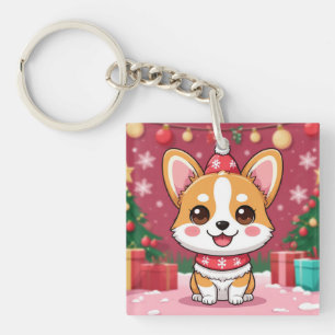Schattige Corgi Puppy Met Kerstcadeaus Sleutelhanger