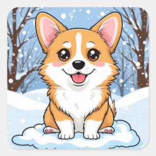 Schattige Corgi Puppy Zit In Besneeuwd Winterlands Vierkante Sticker