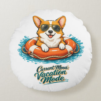 Schattige Corgi "Vakantiemodus" Zomerontwerp Rond Kussen