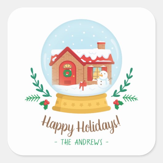 Schattige Cottage Sneeuwman Christmas Snow Wereldb Vierkante Sticker (Voorkant)