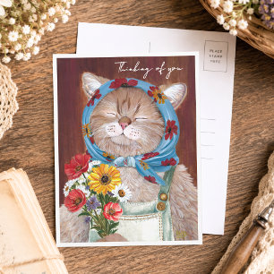 Schattige Cottagecore Kat met Bloemen die aan Je D Briefkaart