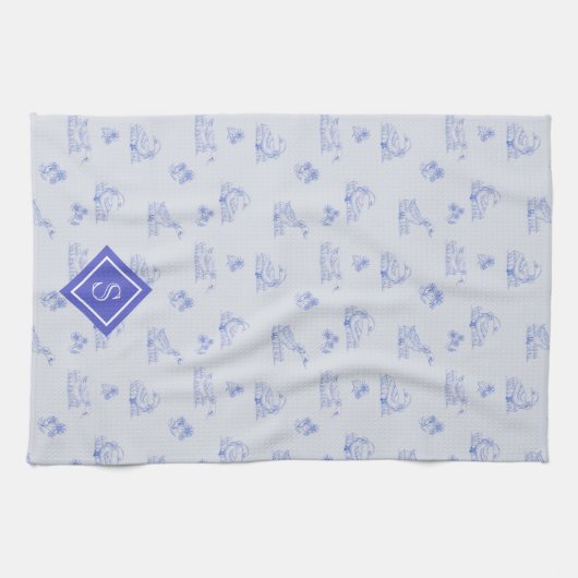 Schattige Country Goose Toile Pattern Monogram Theedoek (Horizontaal)