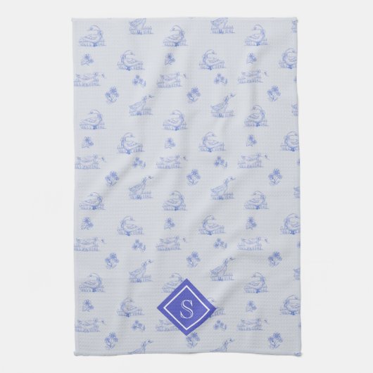 Schattige Country Goose Toile Pattern Monogram Theedoek (Verticaal)