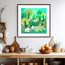 Schattige Country Village Groen Kleurrijke Sweet A Poster