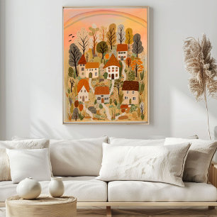 Schattige Country Village Herfst Waterverf Kunst Poster
