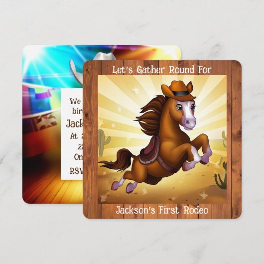 Schattige Cowboy Paard Eerste Rodeo Verjaardag Kaart (Voorkant / Achterkant)