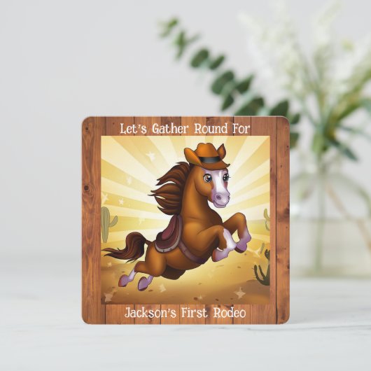 Schattige Cowboy Paard Eerste Rodeo Verjaardag Kaart (Staand voorkant)