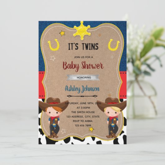 Schattige cowboy tweeling uitnodigen kaart (Staand voorkant)