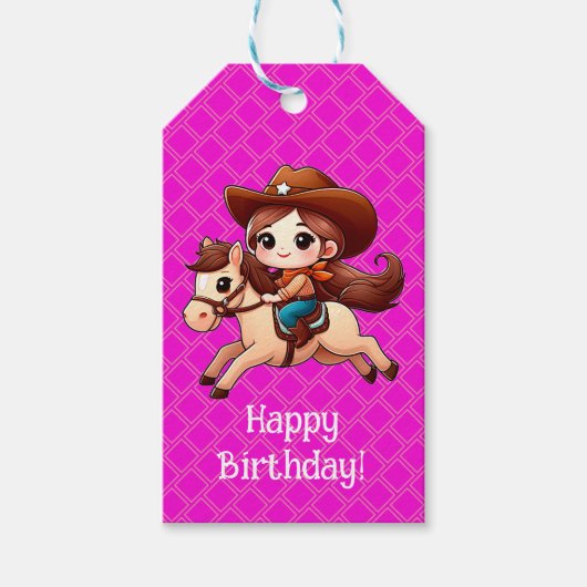 Schattige Cowgirl en Paard Western Roze Cadeaulabel (Voorkant)