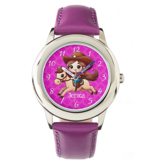 Schattige Cowgirl en Paard Western Roze Horloge (Voorkant)