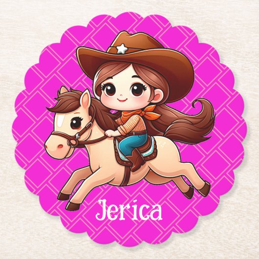Schattige Cowgirl en Paard Western Roze Kartonnen Onderzetters (Voorkant)