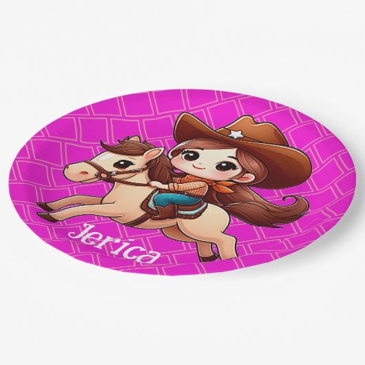 Schattige Cowgirl en Paard Western Roze Papieren Bordje (Gekanteld)