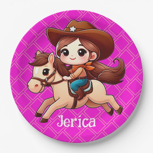 Schattige Cowgirl en Paard Western Roze Papieren Bordje (Voorkant)