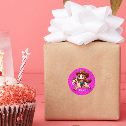 Schattige Cowgirl en Paard Western Roze Ronde Sticker (Feest)