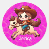 Schattige Cowgirl en Paard Western Roze Ronde Sticker (Voorkant)