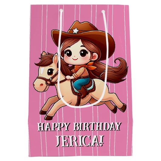 Schattige Cowgirl en Paard Western Verjaardag Medium Cadeauzakje (Achterkant)