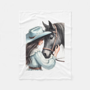 Schattige Cowgirl en Zwarte Paard Landelijke Kunst Fleece Deken