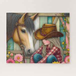 Schattige Cowgirl Paard Bloemen Legpuzzel