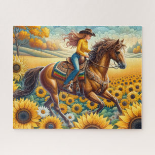Schattige Cowgirl Paard Zonnebloem Legpuzzel