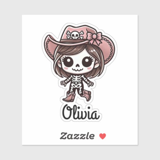 Schattige, Cowgirl Skeleton, Aangepaste naam, Hall Sticker (Vel)