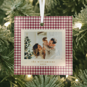 Schattige Cranberryrode Gingham Douane Foto Kerstm Glas Ornament