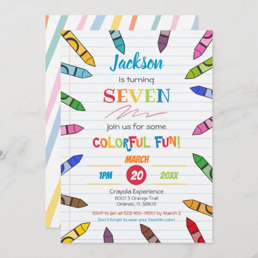 Schattige Crayon Art Paper Kleurrijke Feest 7e Ver Kaart (Voorkant / Achterkant)