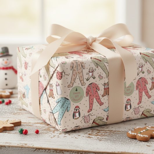 Schattige Cream Baby's Eerste Kerstdag Gepersonali Cadeaupapier