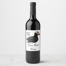 Schattige Crested Puffin Cartoon zwemmen Wijn Etiket