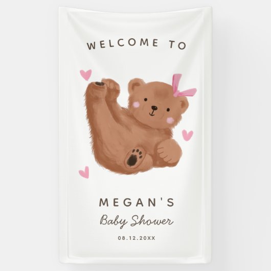 Schattige Cub Beer Roze Baby shower Welkom Spandoek (Verticaal)