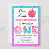 Schattige Cupcake Blau Paarse Glitters 1e Verjaard Kaart (Voorkant)