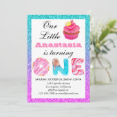 Schattige Cupcake Blau Paarse Glitters 1e Verjaard Kaart (Staand voorkant)