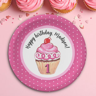 Schattige Cupcake Roze Meisje Gelukkig 1e Verjaard Papieren Bordje