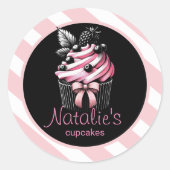 Schattige Cupcake Sweet Bakery Girly Pink Stripes Ronde Sticker (Voorkant)