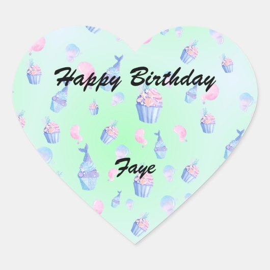 schattige cupcake Zoete zeemeermin Verjaardagsfees Hart Sticker (Voorkant)