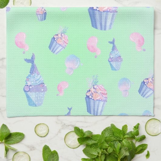 schattige cupcake Zoete zeemeermin Verjaardagsfees Theedoek (Gevouwen)