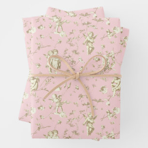 Schattige Cupido Angel Beige Roze Bloemen Toile Inpakpapier Vel