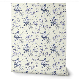 Schattige  Cupido Engel Blauw Bloemen Toile Behang