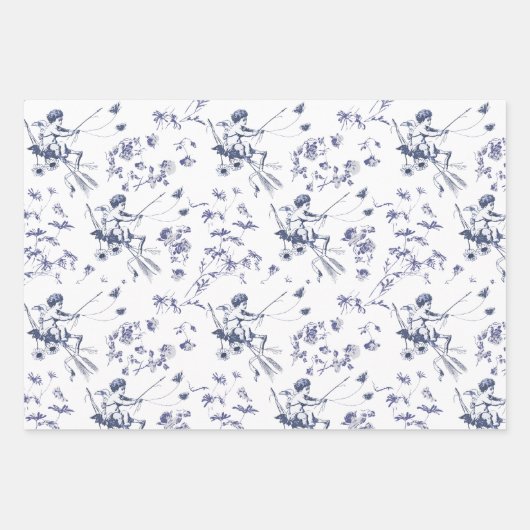 Schattige Cupido Engel Blauw Bloemen Toile Inpakpapier Vel (Voorkant 3)