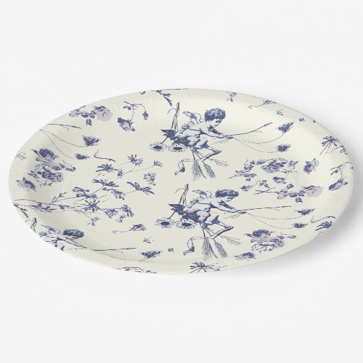 Schattige  Cupido Engel Blauw Bloemen Toile Papieren Bordje (Gekanteld)